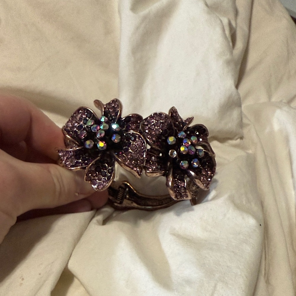 OPC CN Elegant Purple Floral Bracelet Coppertone Flower Rhinestones